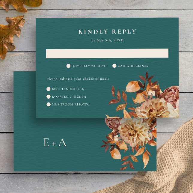 Aquamariner Fall RSVP Karte (Teal Watercolor Fall Floral RSVP Card Monogrammed by Painted Paperie
)