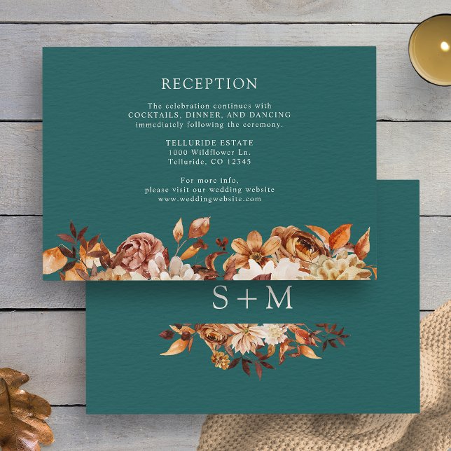 Aquamariner Fall Terracotta Begleitkarte (Teal Fall Terracotta Botanical Wedding Reception Enclosure Card by Painted Paperie
)