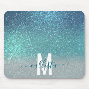 Aquamariner Funkelnd Glitzer Ombre Monogram Mousepad