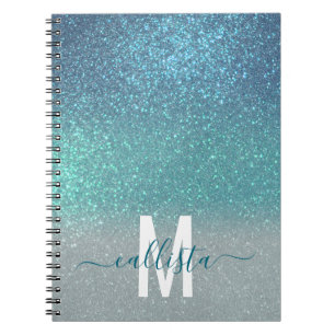 Aquamariner Funkelnd Glitzer Ombre Monogram Notizblock