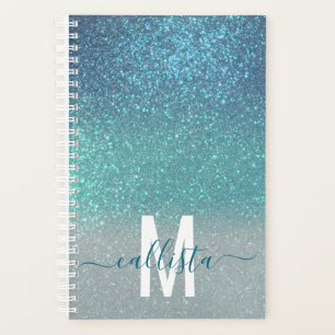 Aquamariner Funkelnd Glitzer Ombre Monogram Planer