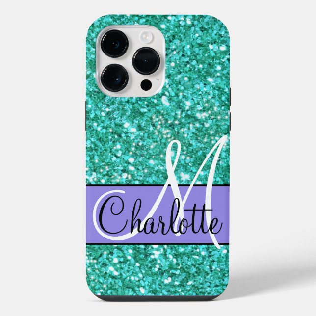 Aquamariner funkelnder Glitzer mit Monogramm Case  iPhone Hülle (Rückseite)