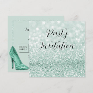 Aquamariner Glitzer Bokeh & Stilettos Geburtstag Einladung