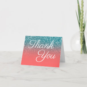 Aquamariner Glitzer Coral Ombre Elegante Kalligrap Dankeskarte