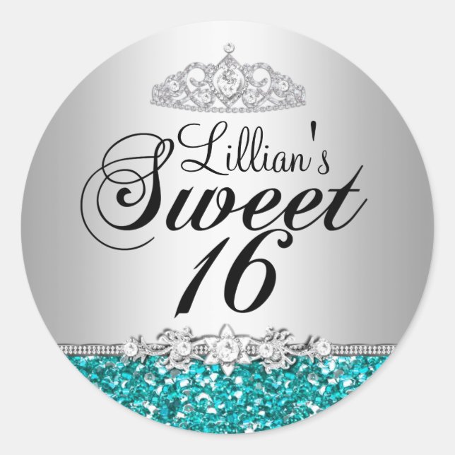 Aquamariner Glitzer & Diamond Tiara Sweet 16 Stick Runder Aufkleber (Vorderseite)