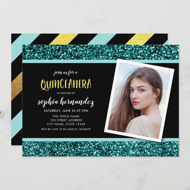 Aquamariner Glitzer Foto Quinceanera Einladung (Vorne/Hinten)
