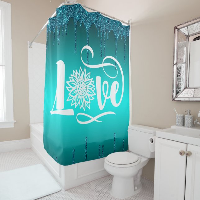 Aquamariner Glitzer LIEBE Sonnenblumen Duschvorhang (Beispiel)