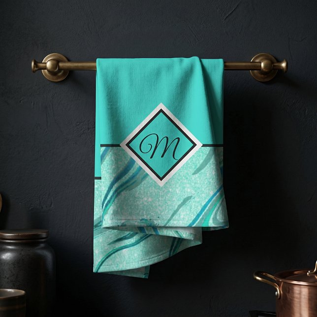 Aquamariner Glitzer Marmor-Monogramm Küchentuch (Von Creator hochgeladen)