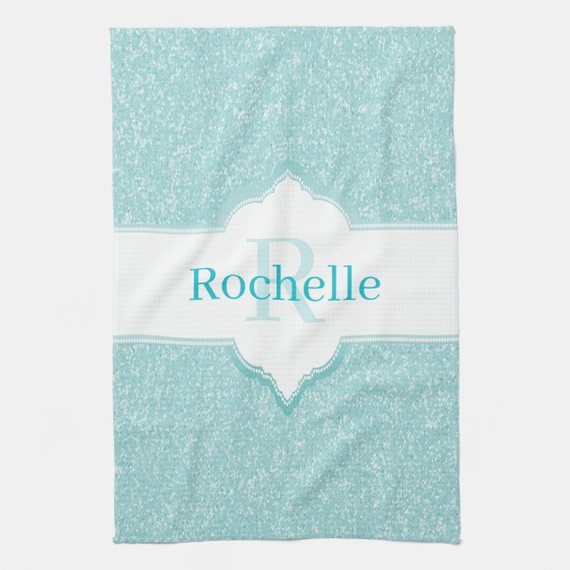 Aquamariner Glitzer Monogram Küchentuch (Vertikal)