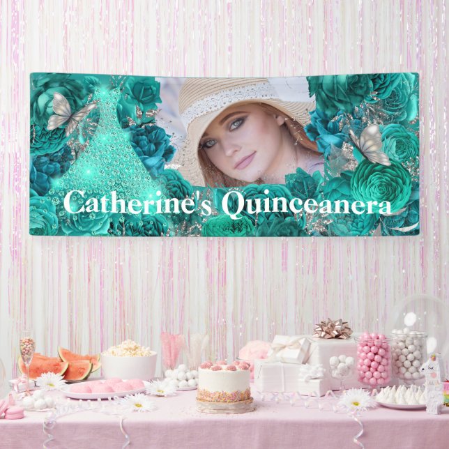 Aquamariner Glitzer-Schmetterling Quinceanera Banner (Party)