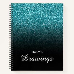 Aquamariner Glitzer Schwarzes Ombre Personalisiert Notizbuch