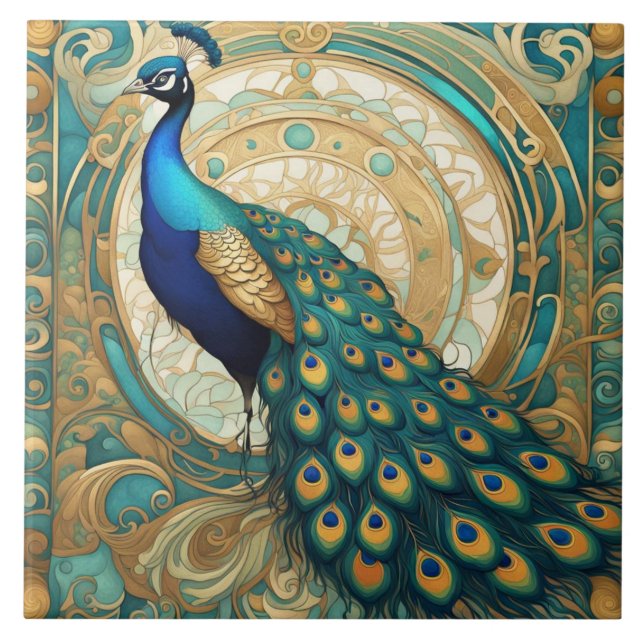 Aquamariner Golden Peacock Bird Kunst, Dichtung un Fliese (Vorderseite)