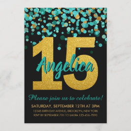 Aquamariner Goldener Glitzer Confetti Quinceañera  Einladung