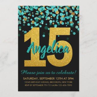 Aquamariner Goldener Glitzer Confetti Quinceañera Einladung