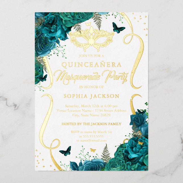 Aquamariner Goldflorenscroll Masquera Quinceanera Folieneinladung (Vorderseite)