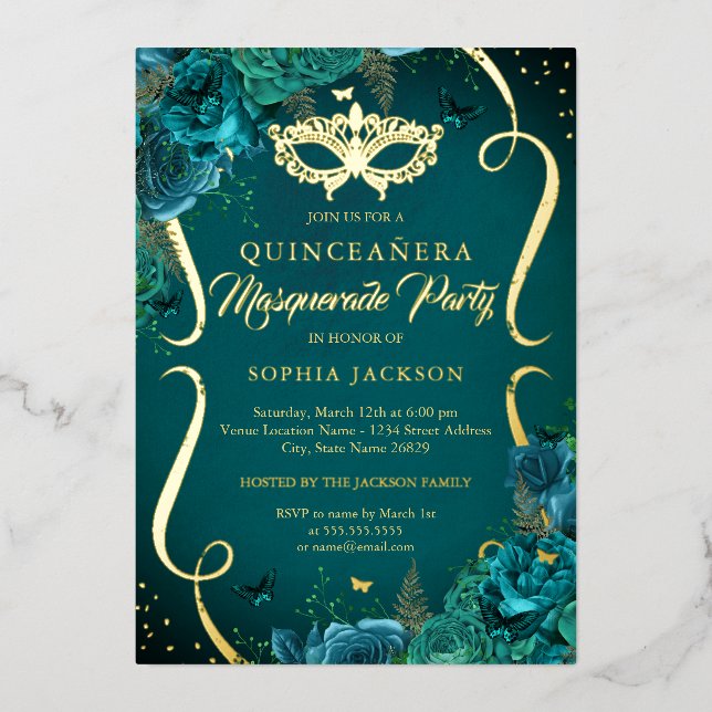 Aquamariner Goldflorenscroll Masquera Quinceanera Folieneinladung (Vorderseite)