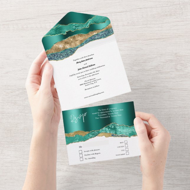 Aquamariner Goldmarmor Agile Glitzer All In One Einladung (Abreißen)