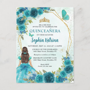 Aquamariner grüner Glam Gold Blumenprinzessin Quin Einladungspostkarte