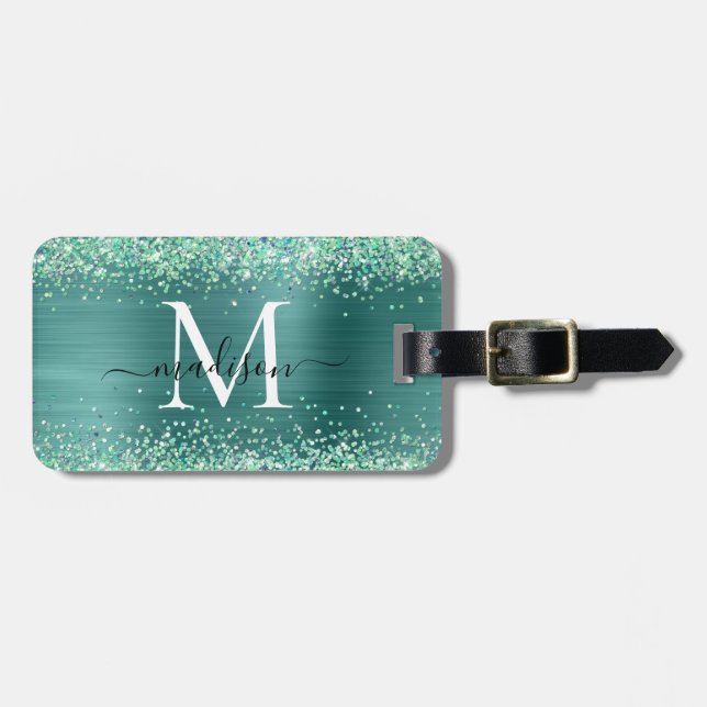 Aquamariner grüner Glitzer Pinselmetall-Monogramm- Gepäckanhänger (Vorderseite horizontal)