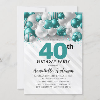 Aquamariner Grüner Silberballon Glitzer 40. Geburt Einladung