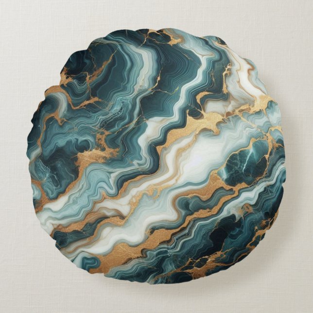 Aquamariner grüner und goldener Marmor Rundes Kissen (Vorderseite)
