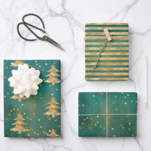 Aquamariner Grüner Wasserfarben Goldweihnachtsbaum Geschenkpapier Set