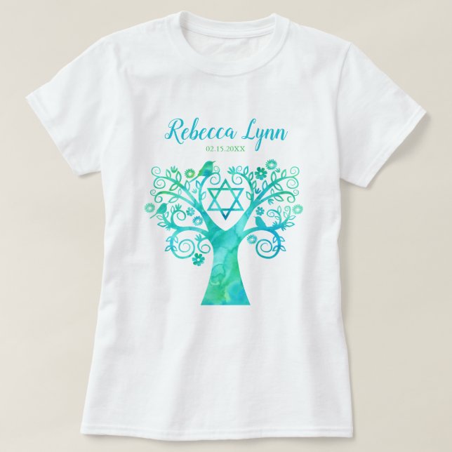 Aquamariner grüner Watercolor-Baum des T-Shirt (Design vorne)
