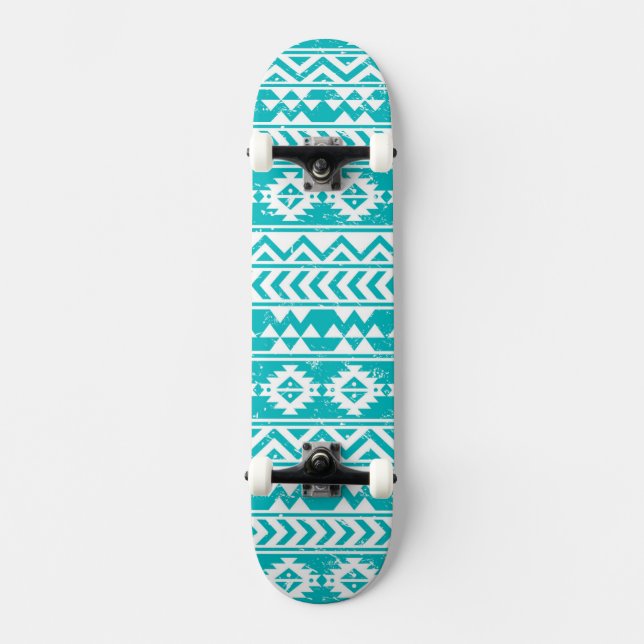 Aquamariner Grunge-aztekisches Stammes- Muster Skateboard (Vorderseite)