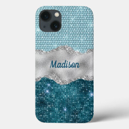 Aquamariner, gürtelgrüner Glitzer silber Monogramm Case-Mate iPhone Hülle