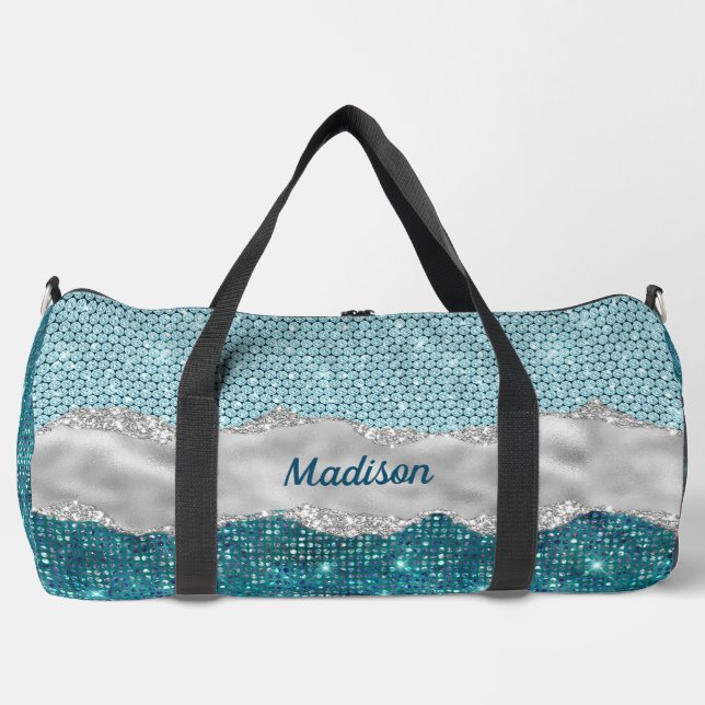 Aquamariner, gürtelgrüner Glitzer silber Monogramm Duffle Bag (Vorderseite)