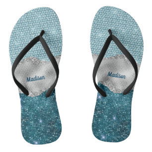 Aquamariner, gürtelgrüner Glitzer silber Monogramm Flip Flops