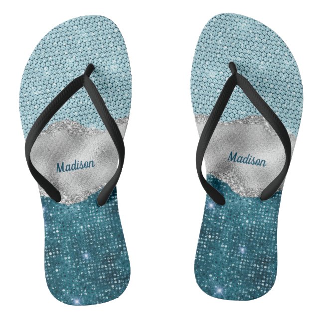 Aquamariner, gürtelgrüner Glitzer silber Monogramm Flip Flops (Fußbett)