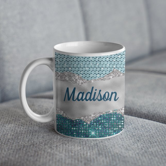 Aquamariner, gürtelgrüner Glitzer silber Monogramm Kaffeetasse (Von Creator hochgeladen)