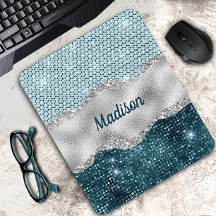 Aquamariner, gürtelgrüner Glitzer silber Monogramm Mousepad