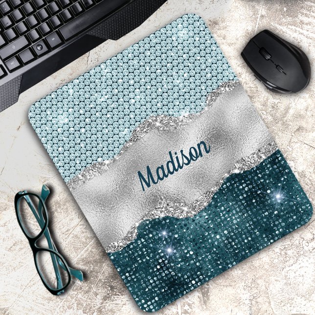 Aquamariner, gürtelgrüner Glitzer silber Monogramm Mousepad (Von Creator hochgeladen)