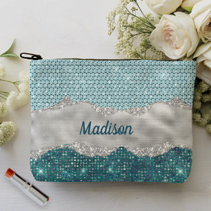 Aquamariner, gürtelgrüner Glitzer silber Monogramm Zubehörtasche