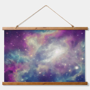 Aquamariner kosmischer Nebel aus blauem Violett Wandteppich Mit Holzrahmen