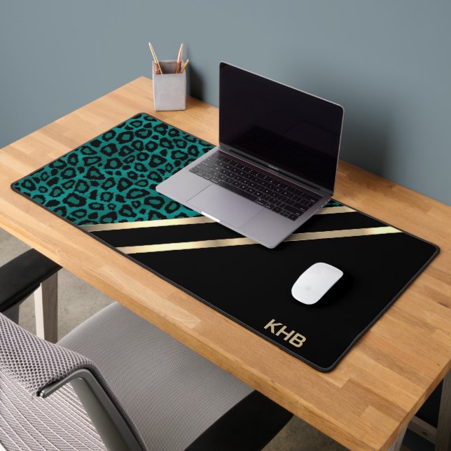 Aquamariner Leopard mit Gold und Schwarz - Monogra Schreibtischunterlage (Büro 2)