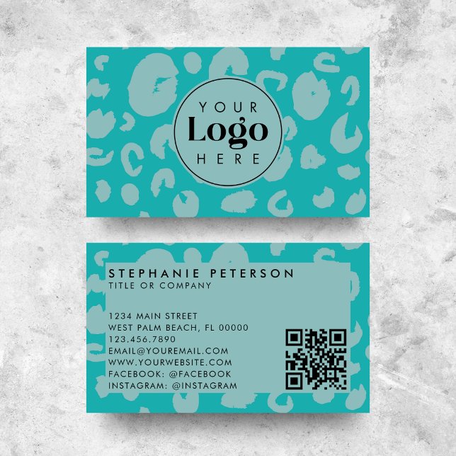 Aquamariner Leopard Print Custom Company Logo QR-C Visitenkarte (Von Creator hochgeladen)