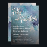 Aquamariner Lila Aquarellfarben-Glitzer 50 und fab Einladung<br><div class="desc">Dieses Design ist für die neuen 50-Jährigen gedacht, deren Stil etwas lässiger und etwas künstlerischer ist als einige der klassischen Big Five 0-Angebote. Die Worte "50 und Fabulous" wurden in einem modernen, lässigen handgeschriebenen Schriftart dargestellt und ein kühner Schatten hinzugefügt. Diese Grafik wurde oben auf der Karte hinzugefügt, leicht gedreht...</div>