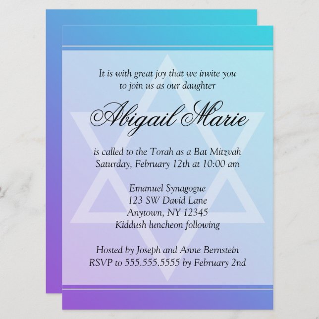 Aquamariner Lila Star von David Bat Mitzvah Einladung (Vorne/Hinten)