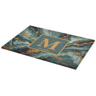 Aquamariner Marmor mit Monogramm aus Gold und schw Schneidebrett