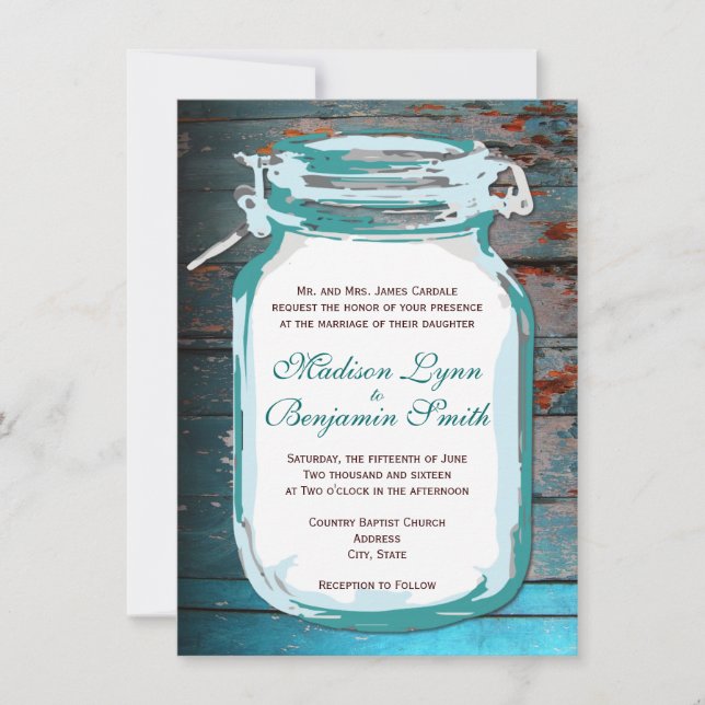 Aquamariner Mason Jar Rustic Wood Wedding Einladun Einladung (Vorderseite)