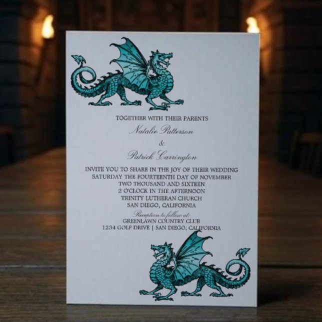 Aquamariner mittelalterlicher Drachenhochzeitaufen Einladung (Teal Medieval Dragon Wedding Invite)