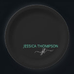 Aquamariner, moderner Name der einfachen schwarzen Pappteller<br><div class="desc">Mit Monogramm Skriptname und erstklassige,  moderne und elegante,  gürtliche Black and Aquamarin Add Your Name with Girly Grey Initials Paper Teller sind personalisiert und perfekt für Sweet 16,  1,  21,  30,  40,  50,  60,  70.,  Geburtstagsparty,  Hochzeiten,  Quinceanera,  Brautparty,  Junggeselinnen-Abschied,  Weihnachtsgeschenk Einkaufsmöglichkeiten,  Erwärmung,  Jubiläum oder Kinderdusche.</div>