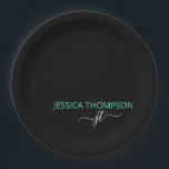 Aquamariner, moderner Name der einfachen schwarzen Pappteller<br><div class="desc">Mit Monogramm Skriptname und erstklassige,  moderne und elegante,  gürtliche Black and Aquamarin Add Your Name with Girly Grey Initials Paper Teller sind personalisiert und perfekt für Sweet 16,  1,  21,  30,  40,  50,  60,  70.,  Geburtstagsparty,  Hochzeiten,  Quinceanera,  Brautparty,  Junggeselinnen-Abschied,  Weihnachtsgeschenk Einkaufsmöglichkeiten,  Erwärmung,  Jubiläum oder Kinderdusche.</div>