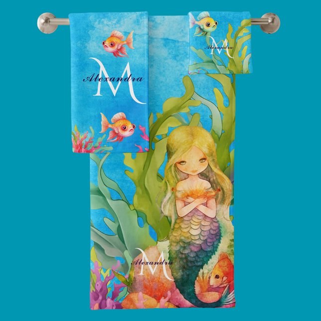 Aquamariner Monogramm Name Mermaid Badetuch Set (Von Creator hochgeladen)