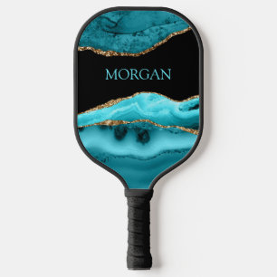 Aquamariner Name auf Black, Gold & Aquamarin Agate Pickleball Schläger