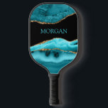 Aquamariner Name, Schwarz, Gold und Aquamariner Na Pickleball Schläger<br><div class="desc">Personalisieren Sie Ihren Namen in Sky Blue auf Black,  Gold & Aquamarin Agate.</div>