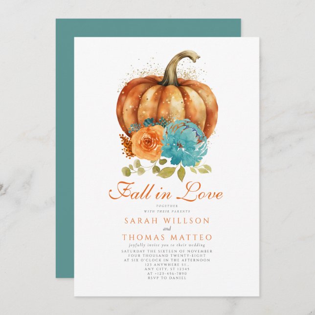 Aquamariner orangefarbener Fall in der Liebe Einladung (Vorne/Hinten)